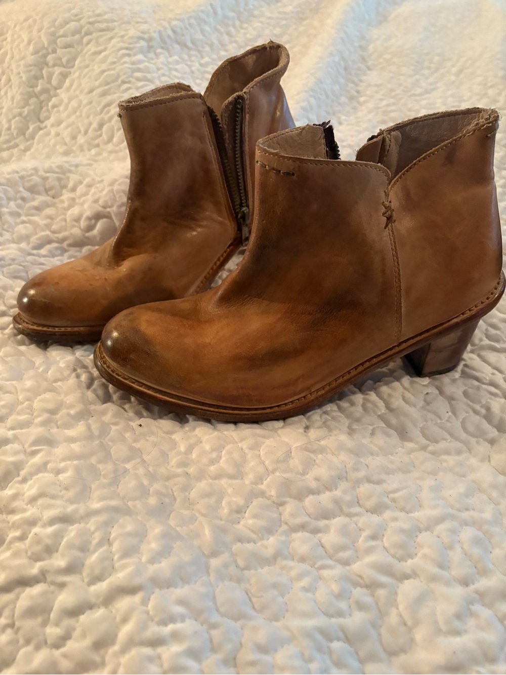 BED|STU Distressed Tan Leather Ankle Booties